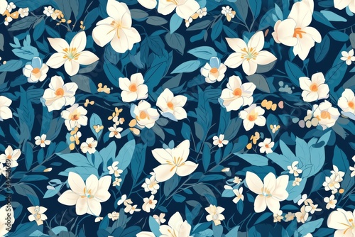 Seamless Floral Pattern with White Flowers on Dark Blue Background