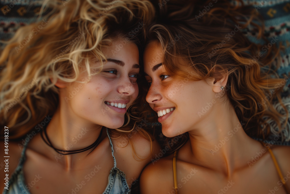 Two Women Lying in Bed and Smiling at Each Other Two Women Lying in Bed and Smiling at Each Other