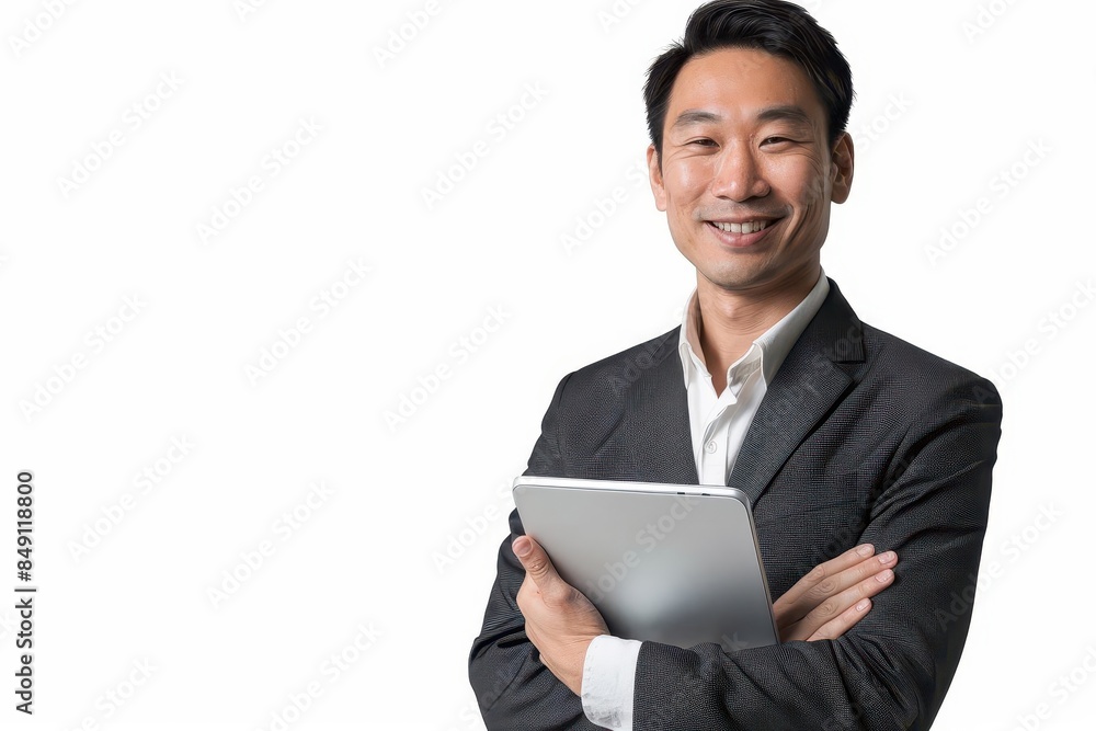smiling asian businessman with tablet isolated on white background smiling asian businessman with tablet isolated on white background