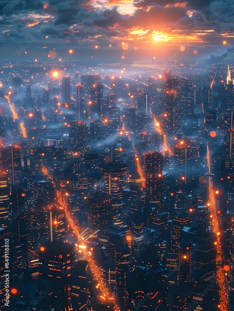 Futuristic City Skyline Illuminated by Microgrid During Blackout