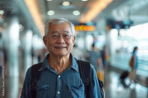 smiling senior asian man portrait in airport corridor travel and leisure concept © Jelena