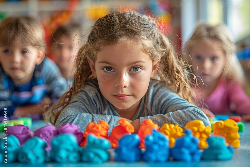 girl with colored figures at an art lesson girl with colored figures at an art lesson