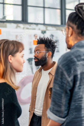 Three people are standing in a room, one of them wearing glasses