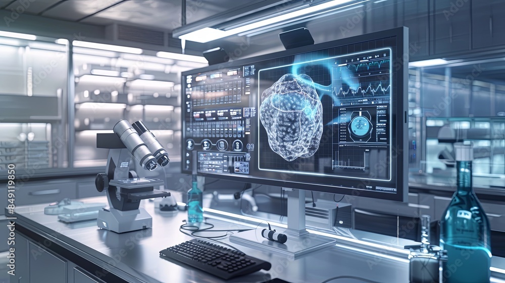 Professional medical lab with AI-powered diagnostic tools displaying patient data on large screen. Advanced equipment and microscope in foreground. Generative AI Professional medical lab with AI-powered diagnostic tools displaying patient data on large screen. Advanced equipment and microscope in foreground. Generative AI