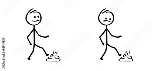 Stepping on shit. Foot stepping into dog poop or animal shit. Walk on a dogs turd. Cartoon shoes, shoe and poo logo. walking dogs and their turd. People step on poop. Steps on excrement with his foot.