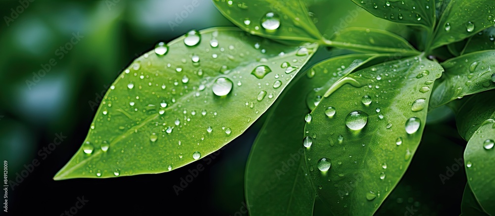 Fototapeta premium Leaves with water drop. Creative banner. Copyspace image