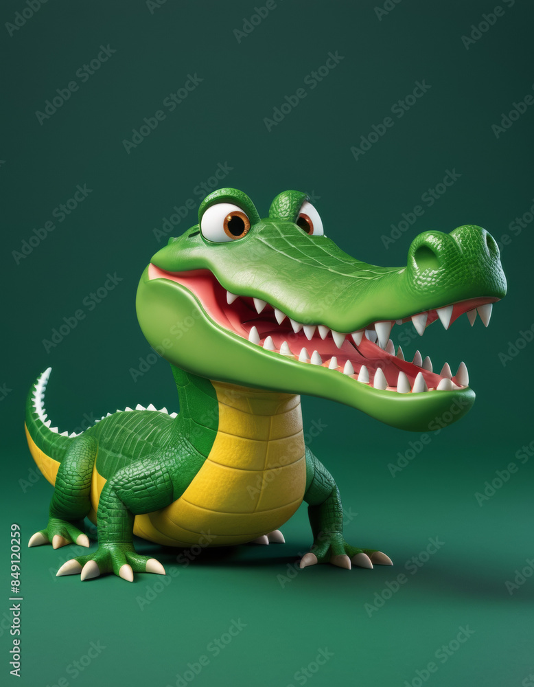 Fototapeta premium A 3D cartoon crocodile with a wide mouth and sharp teeth on a dark green background.