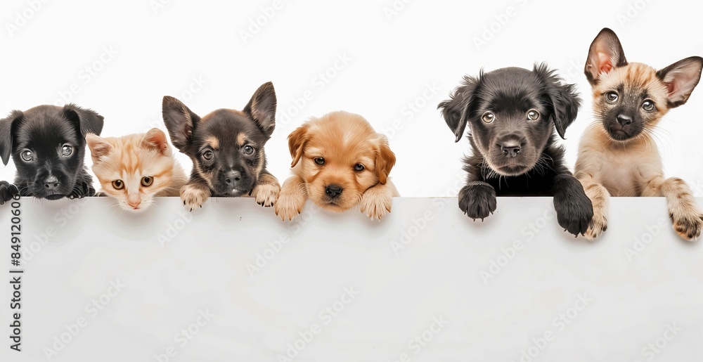 Adorable group of puppies and kittens posing together while peeking over white background. Perfect for pet-themed stock photos, marketing materials, and greeting cards. Cute and playful pet image. AI Adorable group of puppies and kittens posing together while peeking over white background. Perfect for pet-themed stock photos, marketing materials, and greeting cards. Cute and playful pet image. AI
