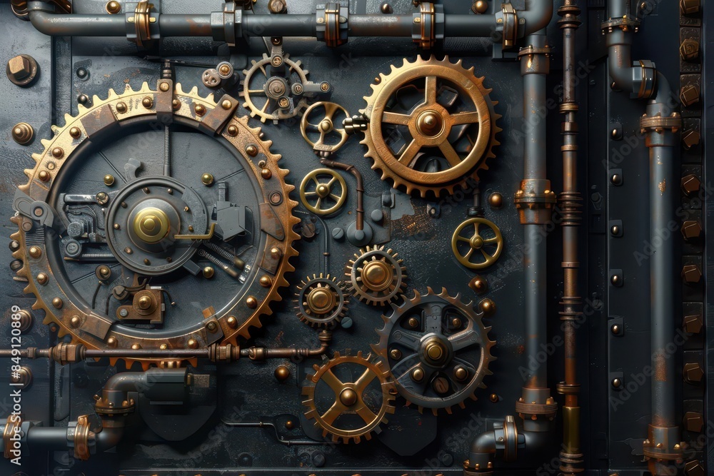 Obraz premium steampunk gear mechanism with brass cogs and pipes 3d illustration