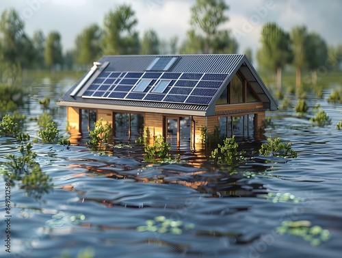 A 3D Rendered Microgrid in a Flood Prone Area with Raised Solar Powered Installations photo