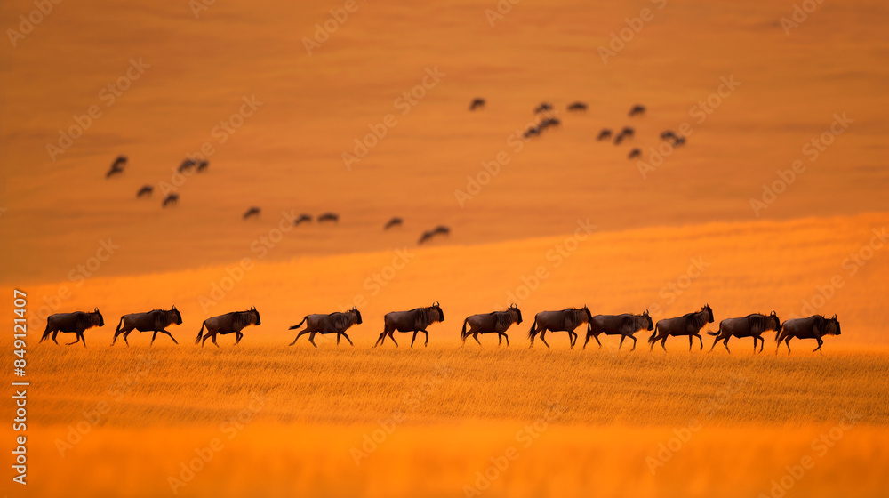 A breathtaking panorama of the Masai Mara savanna bathed in golden light, teeming with migrating wildebeest herds. A timeless scene of nature's raw beauty. A breathtaking panorama of the Masai Mara savanna bathed in golden light, teeming with migrating wildebeest herds. A timeless scene of nature's raw beauty.