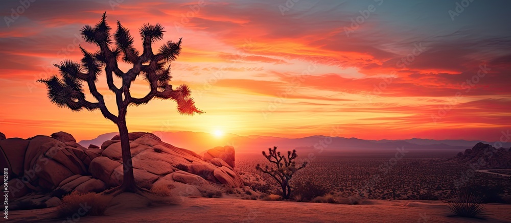 Naklejka premium Joshua tree during a sunset. Creative banner. Copyspace image