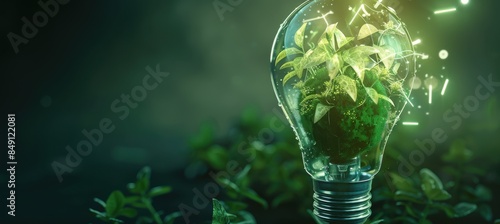 Concept of a green energy powered light bulb on a blurry background