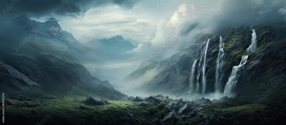 Fototapeta premium Waterfall flowing from a mountain with a cloudy sky as background. Creative banner. Copyspace image