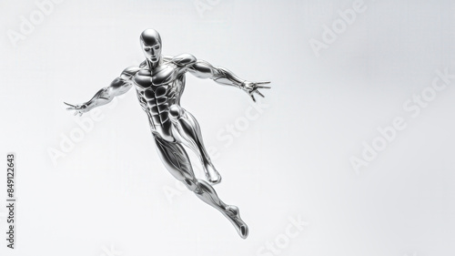 Futuristic silver humanoid robot in dynamic pose, showcasing advanced technology and sleek design on a plain background. © Nattagid