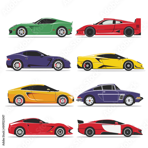 Eight sports cars displayed side side, various models race car. Detailed colorful sports car illustrations isolated white background. Classic modern cars, side view, graphic