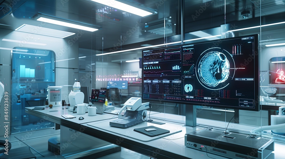 A sterile, modern medical laboratory featuring a large screen displaying patient data analyzed by AI-powered diagnostic tools. Generative AI A sterile, modern medical laboratory featuring a large screen displaying patient data analyzed by AI-powered diagnostic tools. Generative AI