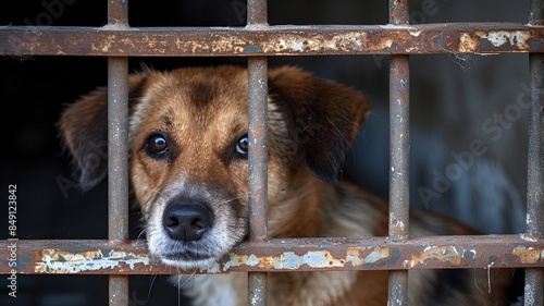 Witness the heartbreaking sight of stray homeless dogs in animal shelter cages, looking sad and hungry behind rusty grids, highlighting the plight of abandoned pets and the importance of rescue.