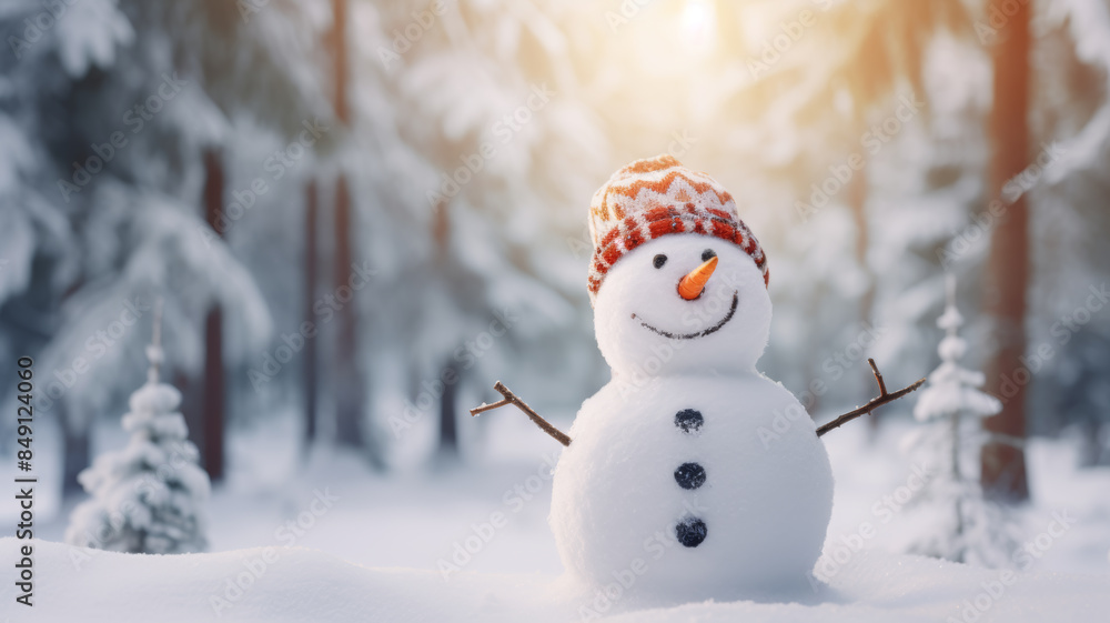 Snowman in winter landscape against bokeh forest background. Snowman in winter landscape against bokeh forest background.