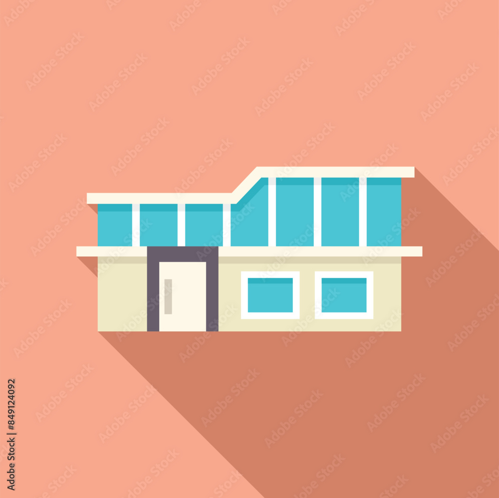 Modern flat design icon of a house building facade with large windows casting a long shadow Modern flat design icon of a house building facade with large windows casting a long shadow