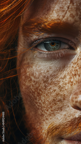 Close up of a Freckled Face with Red Hair and Green Eye, Showcasing Unique Skin Texture and Vibrant Hair for Beauty and Individuality photo