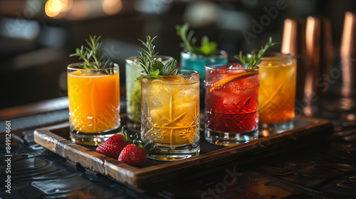 Colorful cocktails with fresh herbs and fruits served on wooden tray in stylish bar interior. Concept of mixology, creativity, and social gathering. photo