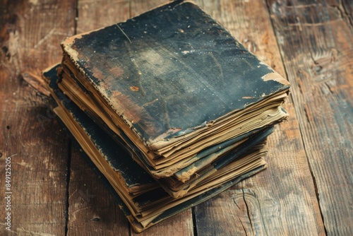 A stack of old books with a worn leather cover