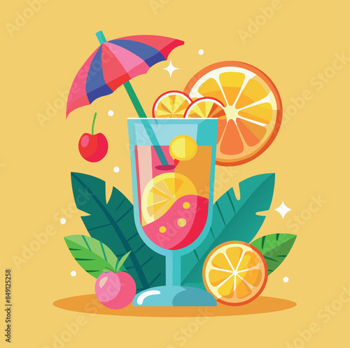 Fruity colorful summer holiday cocktail glass. Cocktail with lemon and lime.