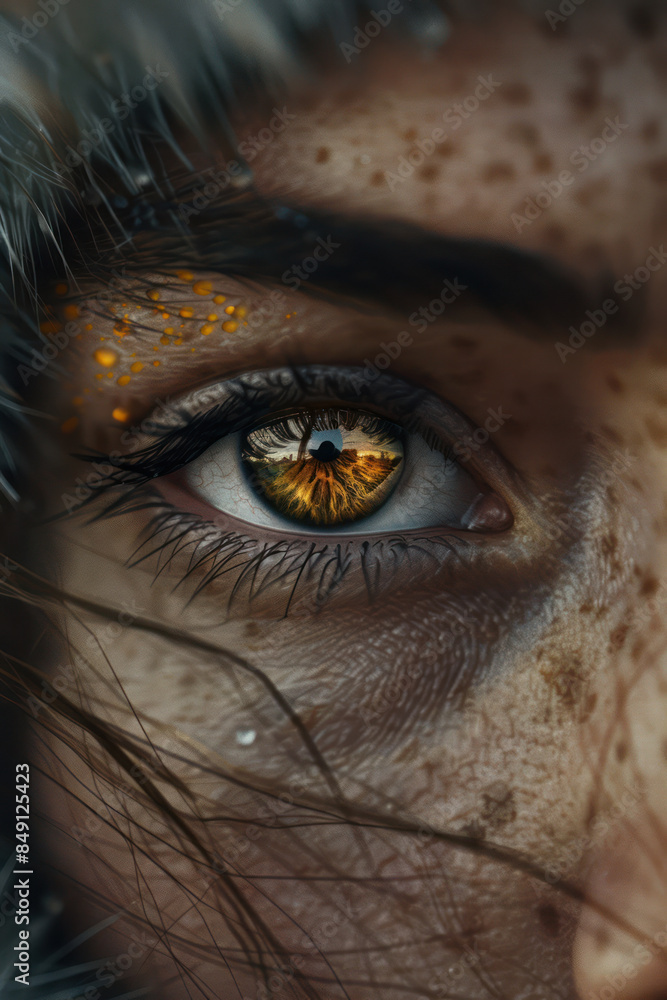 Enigmatic Close Up of Human Eye with Golden Reflections Surrounded by Natural Elements and Freckles Enigmatic Close Up of Human Eye with Golden Reflections Surrounded by Natural Elements and Freckles