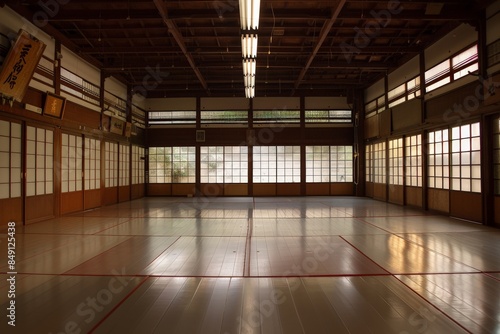 Empty traditional Japanese dojo with wooden panels and shoji screens, well-lit with natural light for martial arts practice.