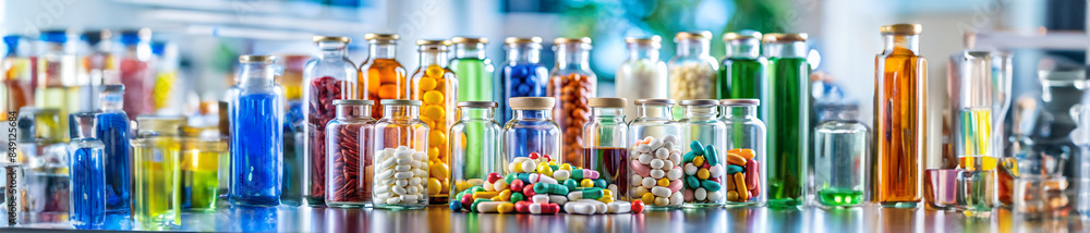 A lot of different pills and bottles for pharmaceutical and healthcare medication, drug research lab concept. Copy space. Banner. A lot of different pills and bottles for pharmaceutical and healthcare medication, drug research lab concept. Copy space. Banner.