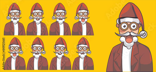 Santa Claus with happy, confused, sad and anxious facial expressions.  Christmas holiday vector illustration in flat cartoon style. 9 pcs