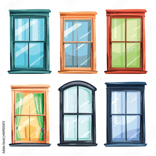 Set colorful vintage windows, architectural details, various designs. Cartoon style vector illustration windows, home exterior elements. Variety window frames, retro building features, vibrant