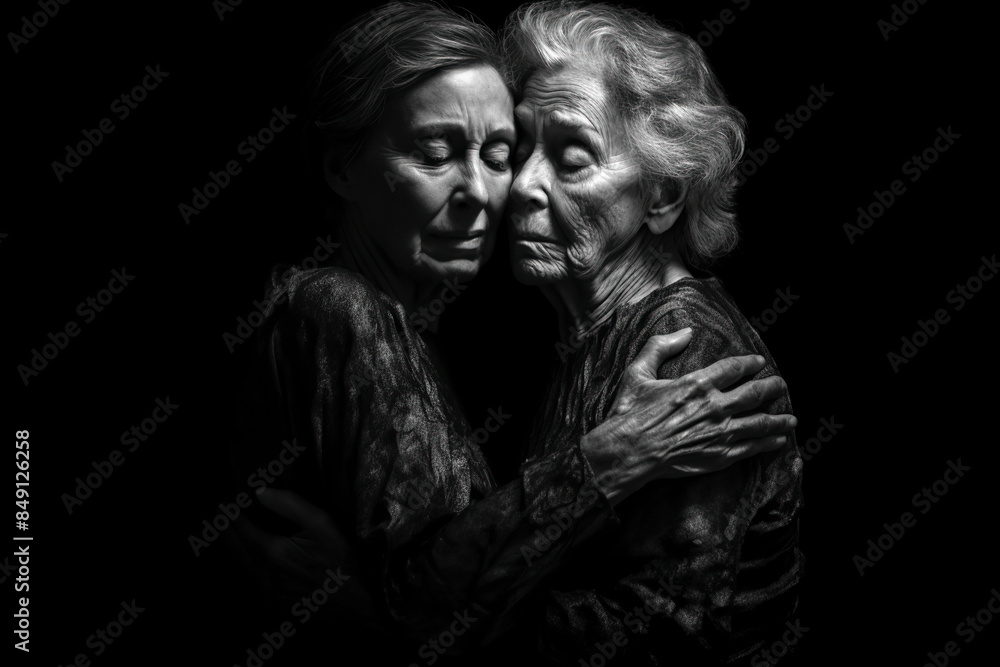 black and white photograph of two old women embracing black and white photograph of two old women embracing