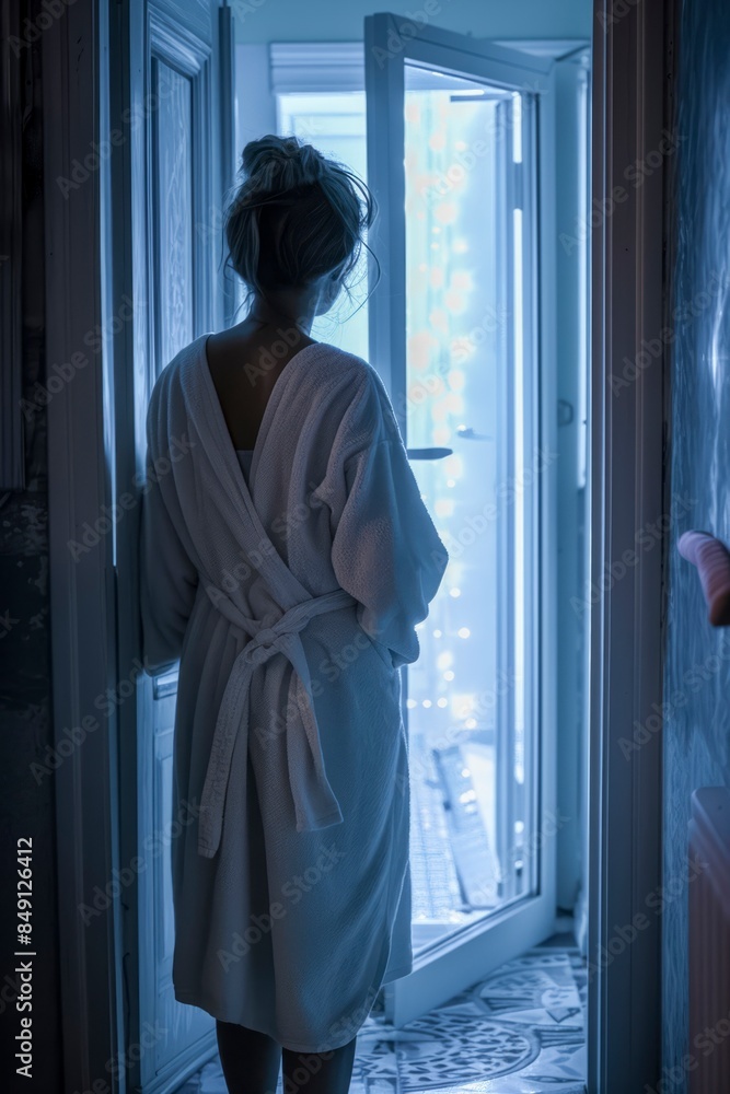 A woman in a white robe stands in front of a door. The room is dimly lit, and the woman is waiting for someone