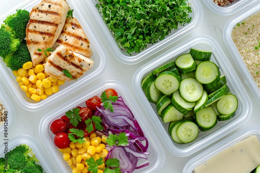 Healthy meal prep containers with grilled chicken and fresh vegetables Healthy meal prep containers with grilled chicken and fresh vegetables