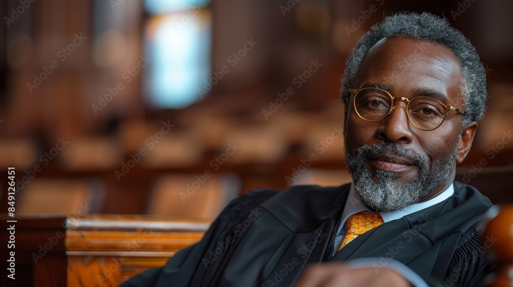 A mature male judge in a black robe sits confidently in a courtroom environment, symbolizing justice