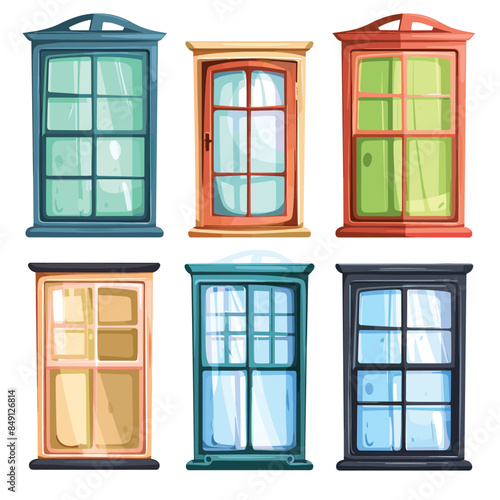 Set colorful vintage windows, cartoon style design, architecture elements. Six different window frames, varied shapes colors, glass panes visible. Varied building windows, isolated white background