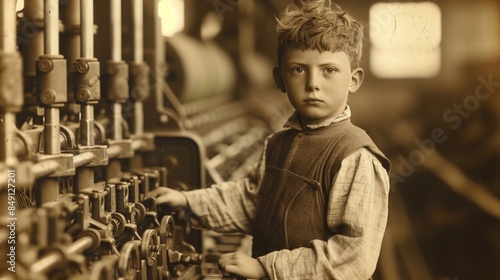 Focused Boy at Machine. A boy with red hair operates industrial equipment in sepia tone. Highlights the challenges of child labor in history.