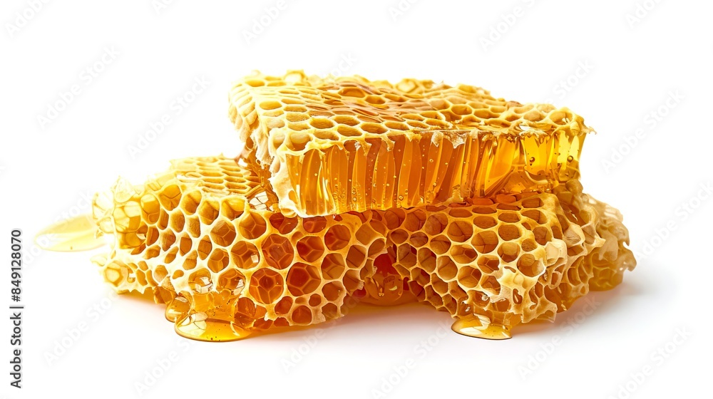 Close-up of fresh honeycomb with golden honey dripping, isolated on white background. Ideal for natural food, healthy eating, or organic products. Stock photo for culinary use and advertising. AI Close-up of fresh honeycomb with golden honey dripping, isolated on white background. Ideal for natural food, healthy eating, or organic products. Stock photo for culinary use and advertising. AI
