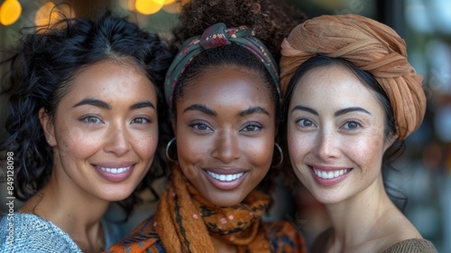 Three diverse women with different hair and skin tones, smiling, looking at camera with a blurred background