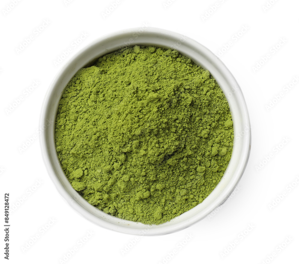 Green matcha powder in bowl isolated on white, top view Green matcha powder in bowl isolated on white, top view