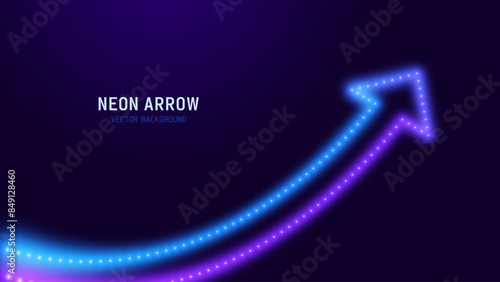 3D Neon Lights Arrow. Abstract Minimalist Business Start Up Growth Concept Background. Colorful Neon Lights In a Shape of Ascending Arrow. Profit and Investment Vector Illustration.