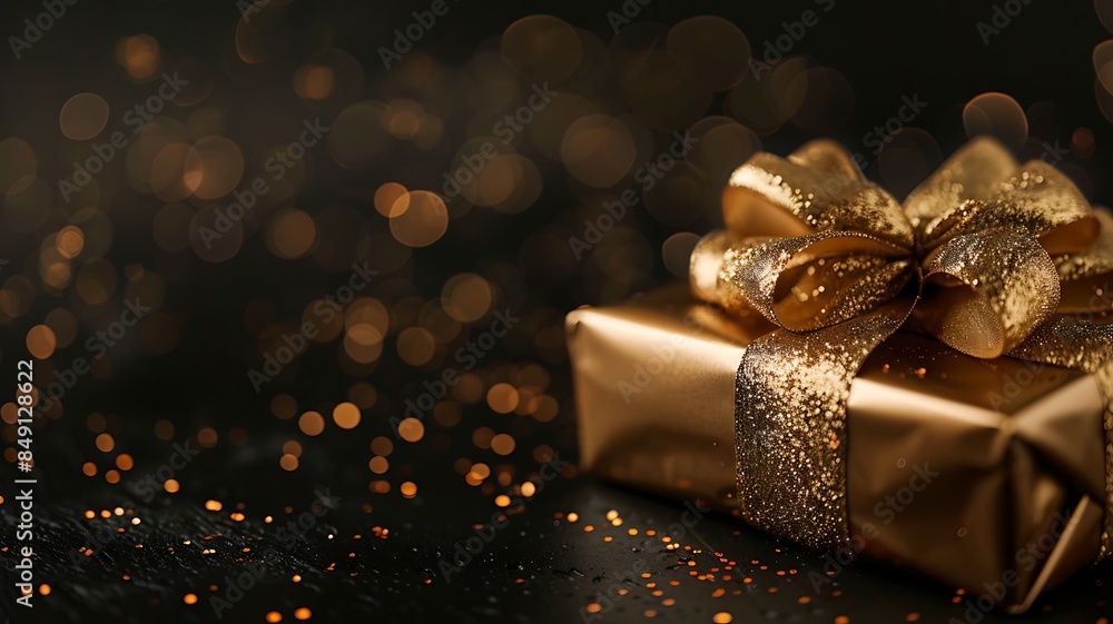 a lavish golden gift box with a dazzling ribbon on a polished black background, reflecting the high-end appeal and excitement of Black Friday promotions a lavish golden gift box with a dazzling ribbon on a polished black background, reflecting the high-end appeal and excitement of Black Friday promotions