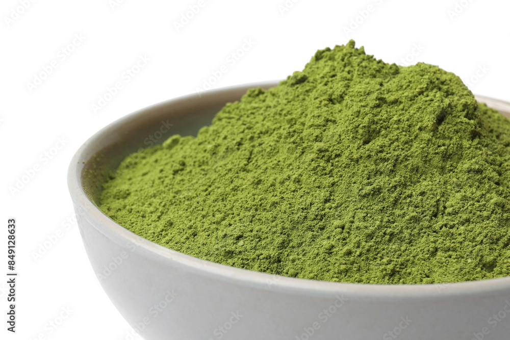 Green matcha powder in bowl isolated on white Green matcha powder in bowl isolated on white