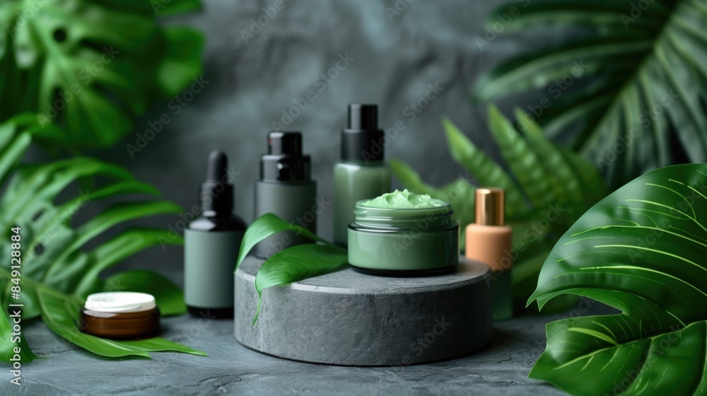 Skincare Products with Tropical Leaves. A variety of skincare products surrounded by tropical leaves. Focuses on natural ingredients and sustainable beauty. Skincare Products with Tropical Leaves. A variety of skincare products surrounded by tropical leaves. Focuses on natural ingredients and sustainable beauty.