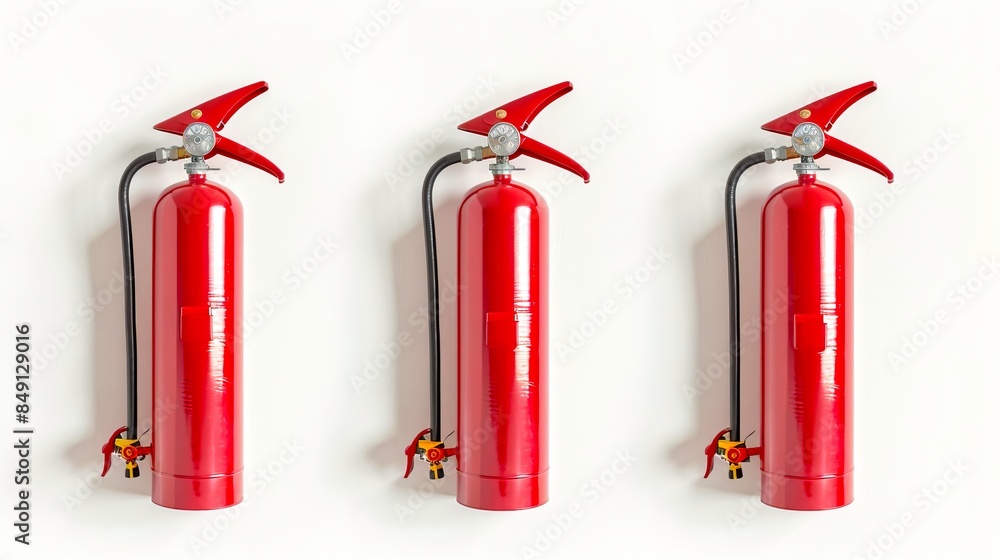 Three red fire extinguishers on a white background. Fire safety equipment in a row. High-quality image perfect for safety projects. Simple design and clean style for various uses. AI Three red fire extinguishers on a white background. Fire safety equipment in a row. High-quality image perfect for safety projects. Simple design and clean style for various uses. AI