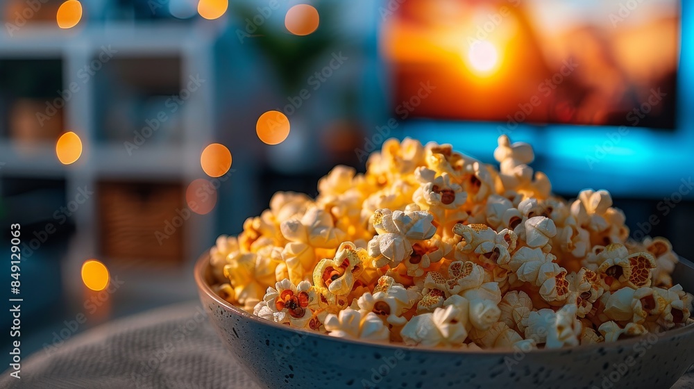 Bowl of freshly popped popcorn with a warm ambiance and a film playing in the background Bowl of freshly popped popcorn with a warm ambiance and a film playing in the background