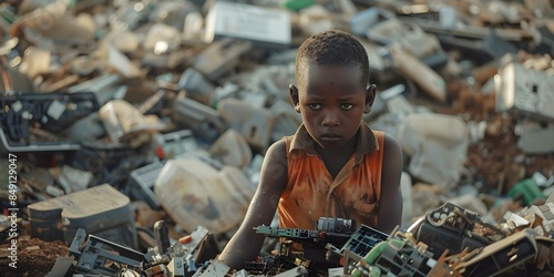 African child working in a landfill with electronic waste facing hazardous conditions. Concept Child labor, Electronic waste, Hazardous conditions, Africa, Landfill photo