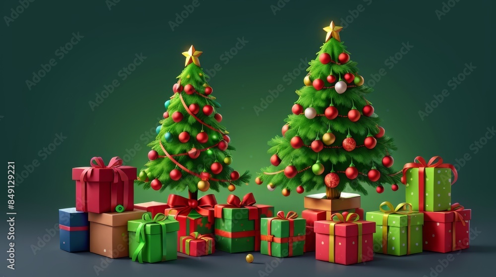 3D Christmas tree composition, gifts and toys in neon light. The concept of New Year and Christmas. 3D Christmas tree composition, gifts and toys in neon light. The concept of New Year and Christmas.
